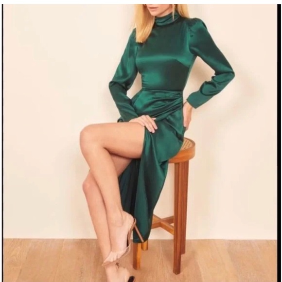 Reformation Carmelina Silk Dress Dark Green Size 12 NWT - Picture 2 of 16